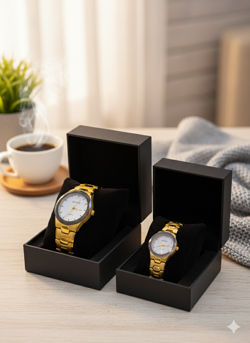 Royal Bond Couple Watch – Premium Golden Stainless Steel with Elegant White Dial