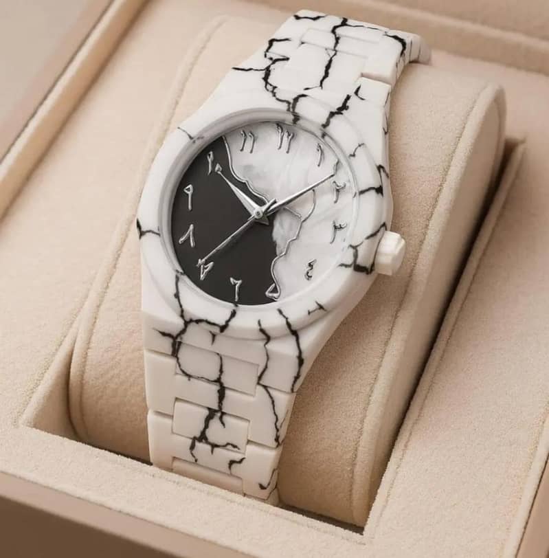 Men’s White Tiger Aura Watch – Premium Marble Textured Strap | Dual-Tone Arabic Dial | Modern Luxury Timepiece
