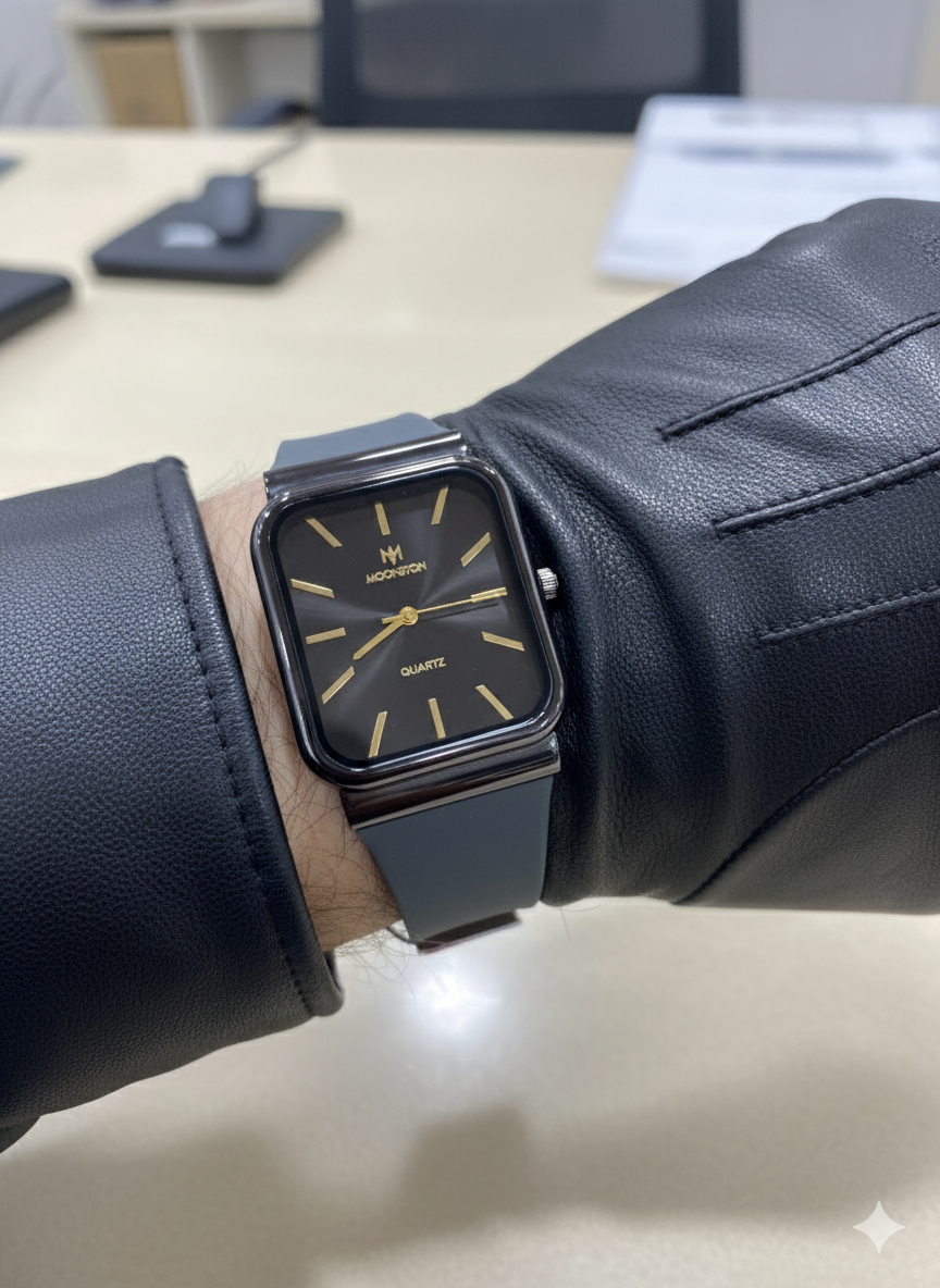 Moonston Rectangular Men’s Watch – Luxury Quartz Timepiece in Black & Grey-Gold | Modern Square Dial Watch