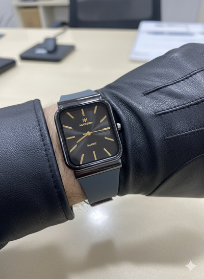 Moonston Rectangular Men’s Watch – Luxury Quartz Timepiece in Black & Grey-Gold | Modern Square Dial Watch