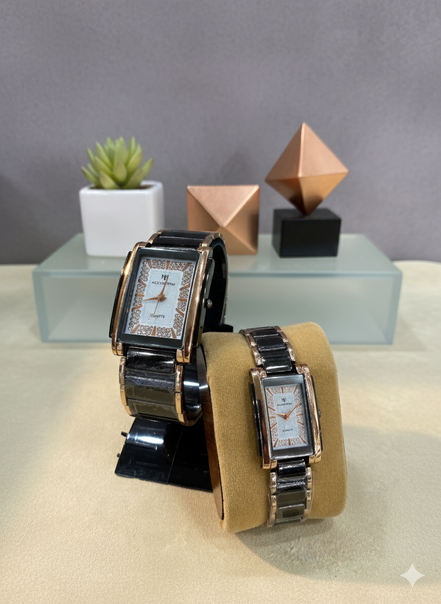 Eternal Spark Couple Watch – Rose Gold & Black with Diamond Stone Dial