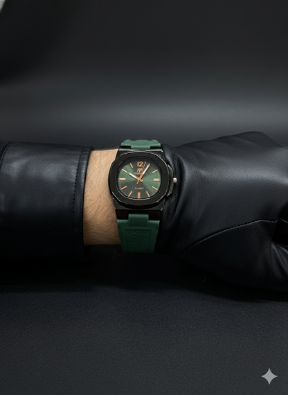 Modern Gentleman's Timepiece: Forest Green & Burgundy Dial | Waterproof Silicone Strap