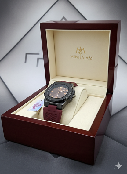 Modern Gentleman's Timepiece: Forest Green & Burgundy Dial | Waterproof Silicone Strap