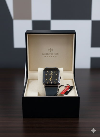 Moonston Rectangular Men’s Watch – Luxury Quartz Timepiece in Black & Grey-Gold | Modern Square Dial Watch