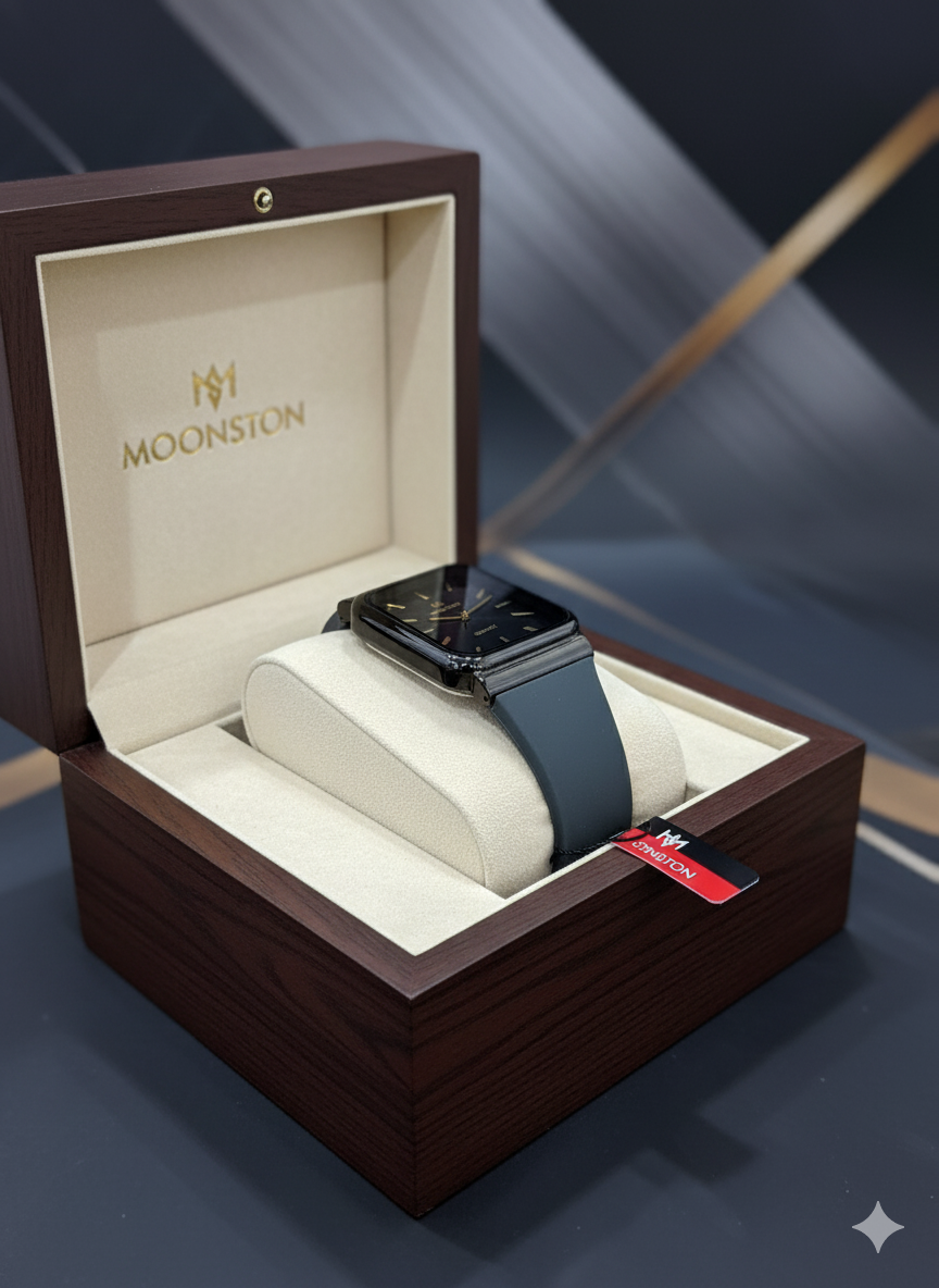 Moonston Rectangular Men’s Watch – Luxury Quartz Timepiece in Black & Grey-Gold | Modern Square Dial Watch