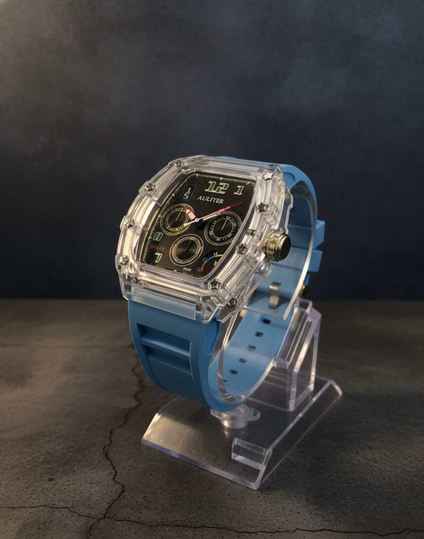 Crystal Chrono Sport Watch – Transparent Case | Multi-Color Edition (6 Premium Strap Colors)