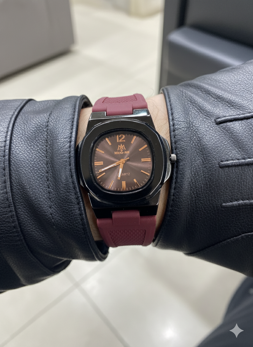 Modern Gentleman's Timepiece: Forest Green & Burgundy Dial | Waterproof Silicone Strap