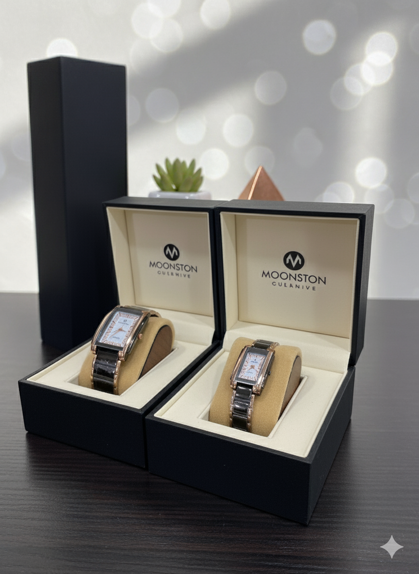 Eternal Spark Couple Watch – Rose Gold & Black with Diamond Stone Dial