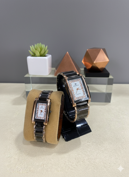 Eternal Spark Couple Watch – Rose Gold & Black with Diamond Stone Dial