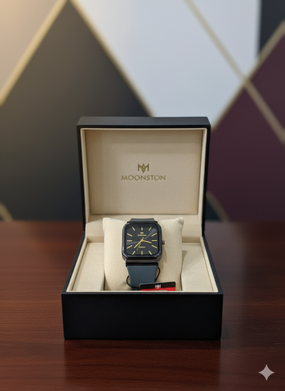Moonston Rectangular Men’s Watch – Luxury Quartz Timepiece in Black & Grey-Gold | Modern Square Dial Watch