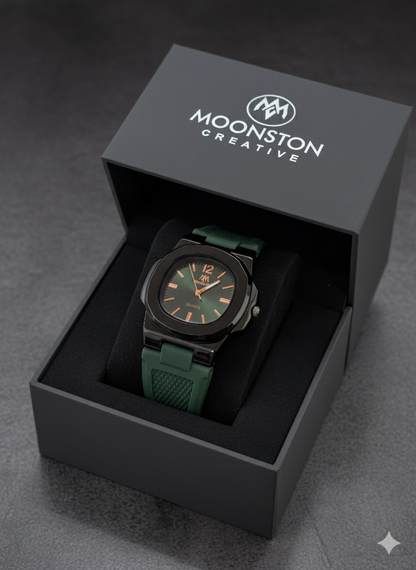 Modern Gentleman's Timepiece: Forest Green & Burgundy Dial | Waterproof Silicone Strap