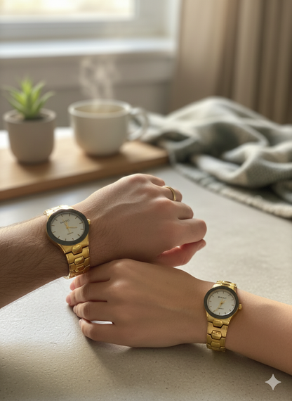 Royal Bond Couple Watch – Premium Golden Stainless Steel with Elegant White Dial