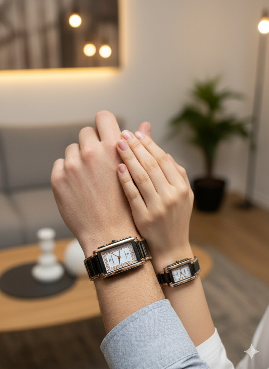 Eternal Spark Couple Watch – Rose Gold & Black with Diamond Stone Dial