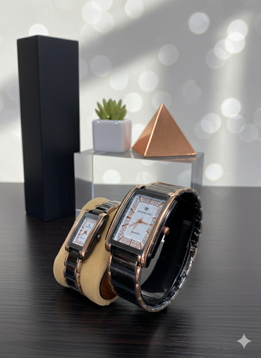 Eternal Spark Couple Watch – Rose Gold & Black with Diamond Stone Dial