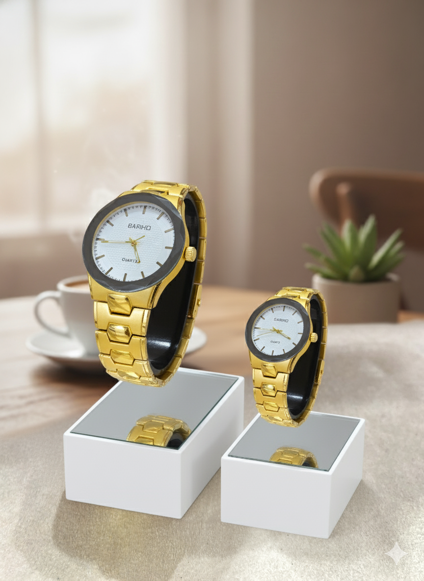 Royal Bond Couple Watch – Premium Golden Stainless Steel with Elegant White Dial