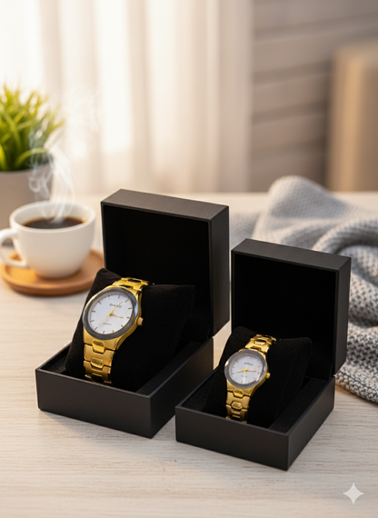 Royal Bond Couple Watch – Premium Golden Stainless Steel with Elegant White Dial