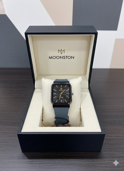 Moonston Rectangular Men’s Watch – Luxury Quartz Timepiece in Black & Grey-Gold | Modern Square Dial Watch