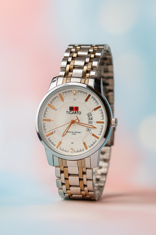 Ticarto Classic Watch – Half Moon Date Display | Available in Peach, Black & White Dials